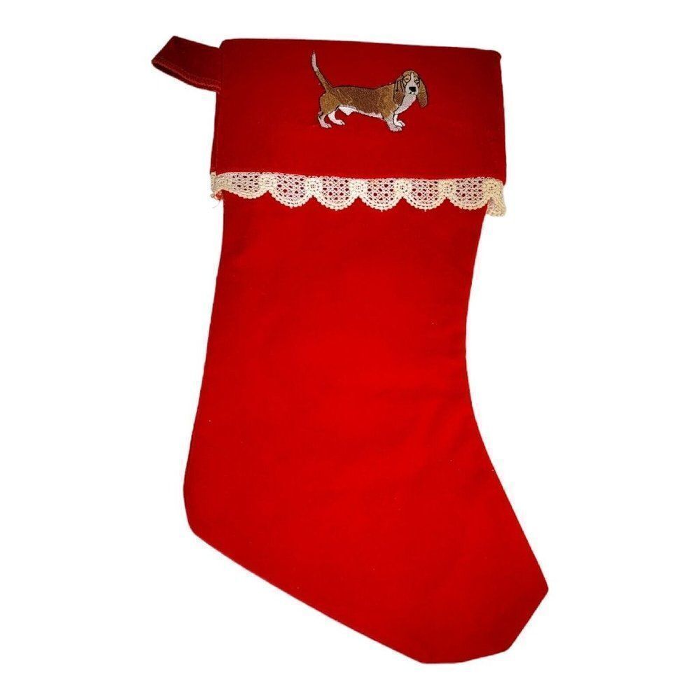 Vintage beagle Dog stocking red white dog canine  Bassett hound Velvet Lace Trim